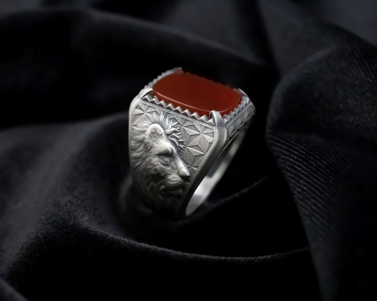 Oxidized Sterling Silver Lion Head Ring, Gothic Onyx Statement Ring