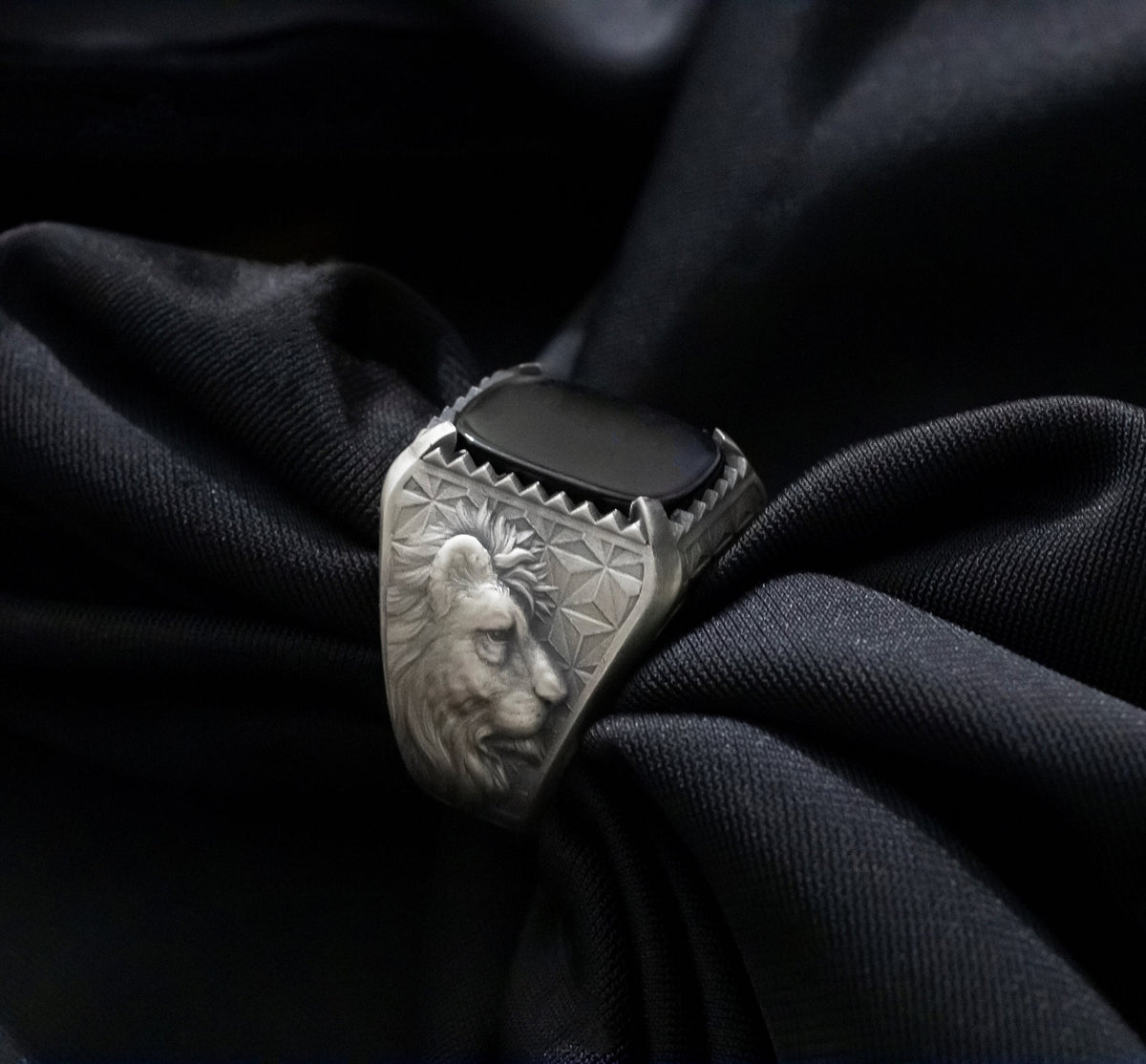 Oxidized Sterling Silver Lion Head Ring, Gothic Onyx Statement Ring