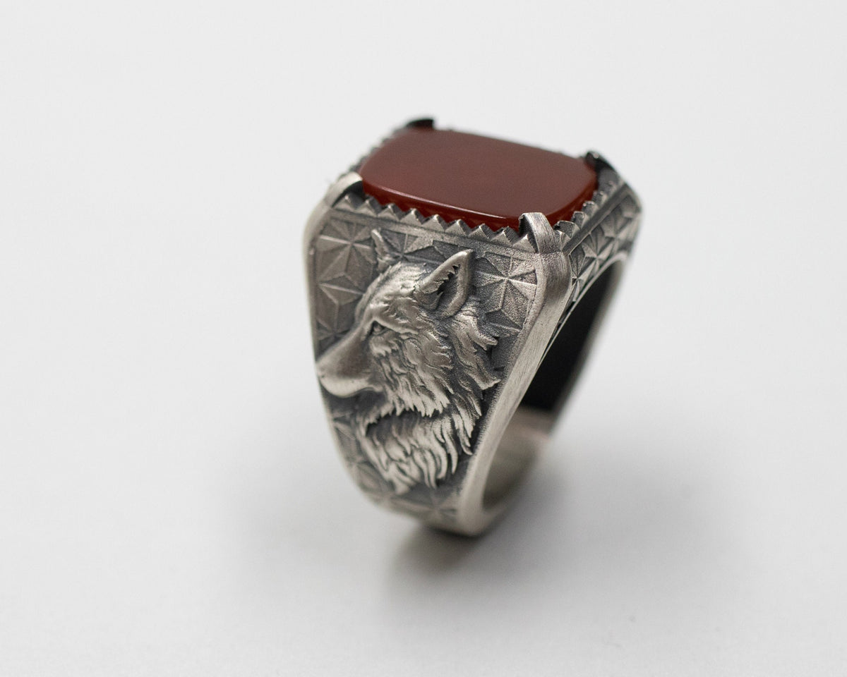 Oxidized Sterling Silver Wolf Ring, Gothic Onyx Gemstone