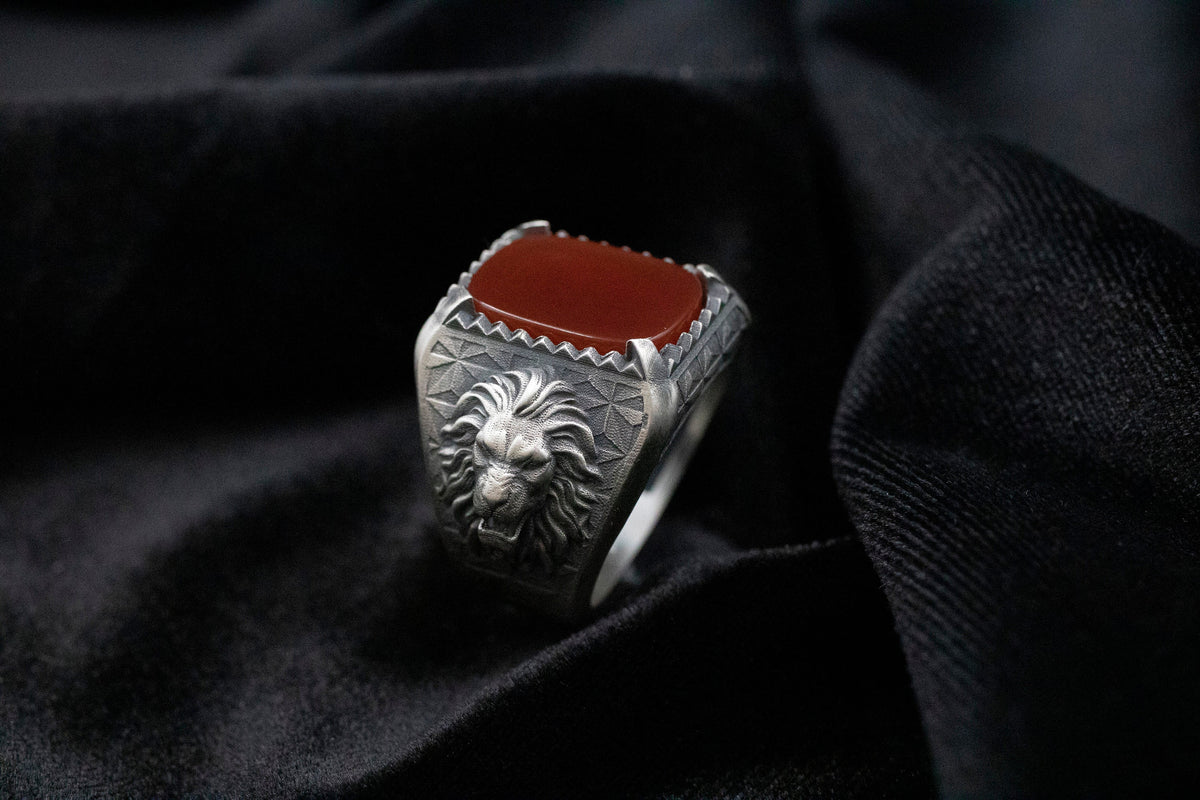 Oxidized Sterling Silver Lion Ring, Tiger Eye Gemstone, Animal Signet