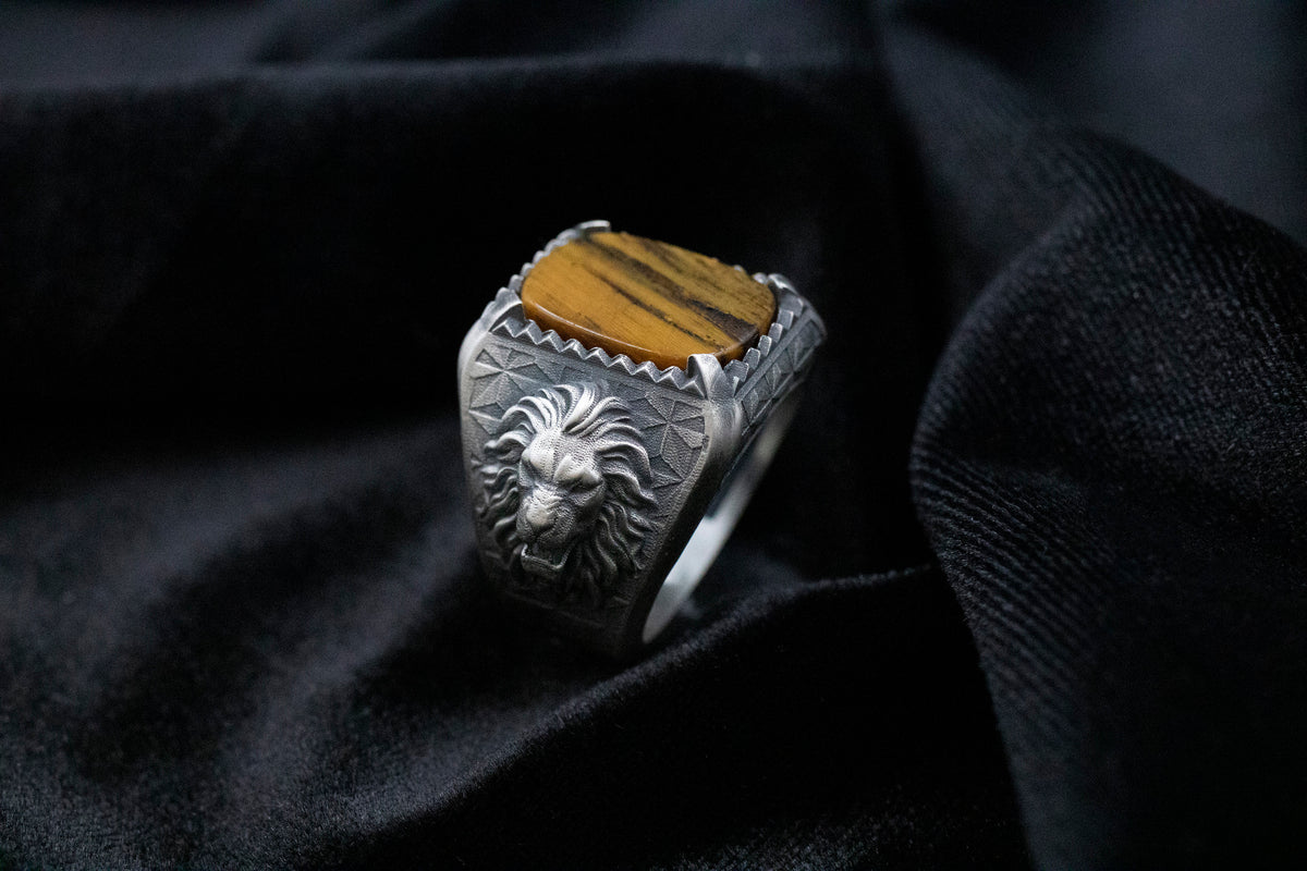 Oxidized Sterling Silver Lion Ring, Tiger Eye Gemstone, Animal Signet