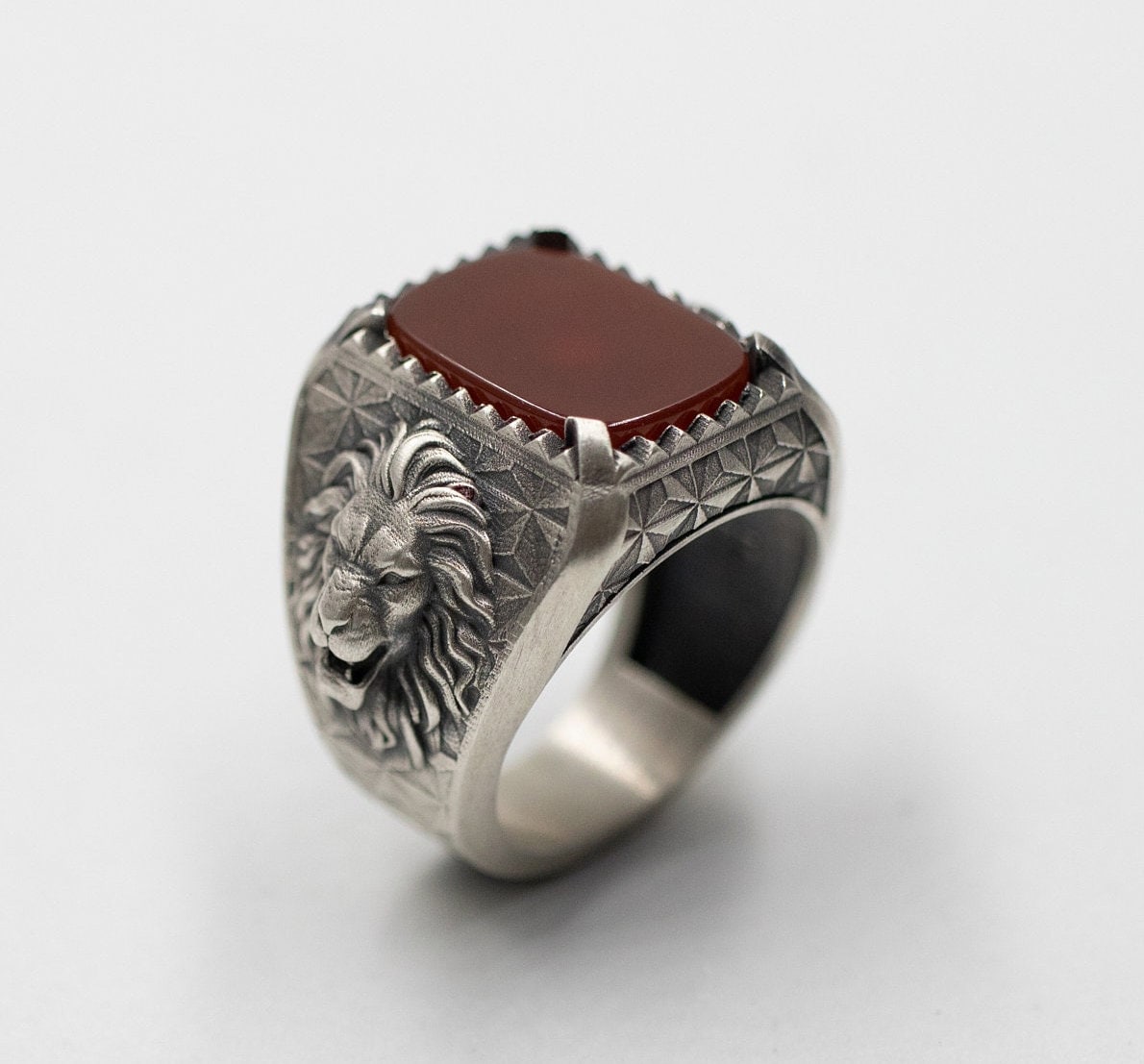 Oxidized Sterling Silver Lion Ring, Tiger Eye Gemstone, Animal Signet