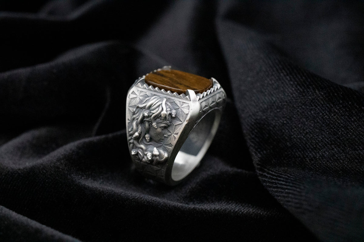 Handmade Medusa Head Sterling Silver Ring, Tigers Eye Signet
