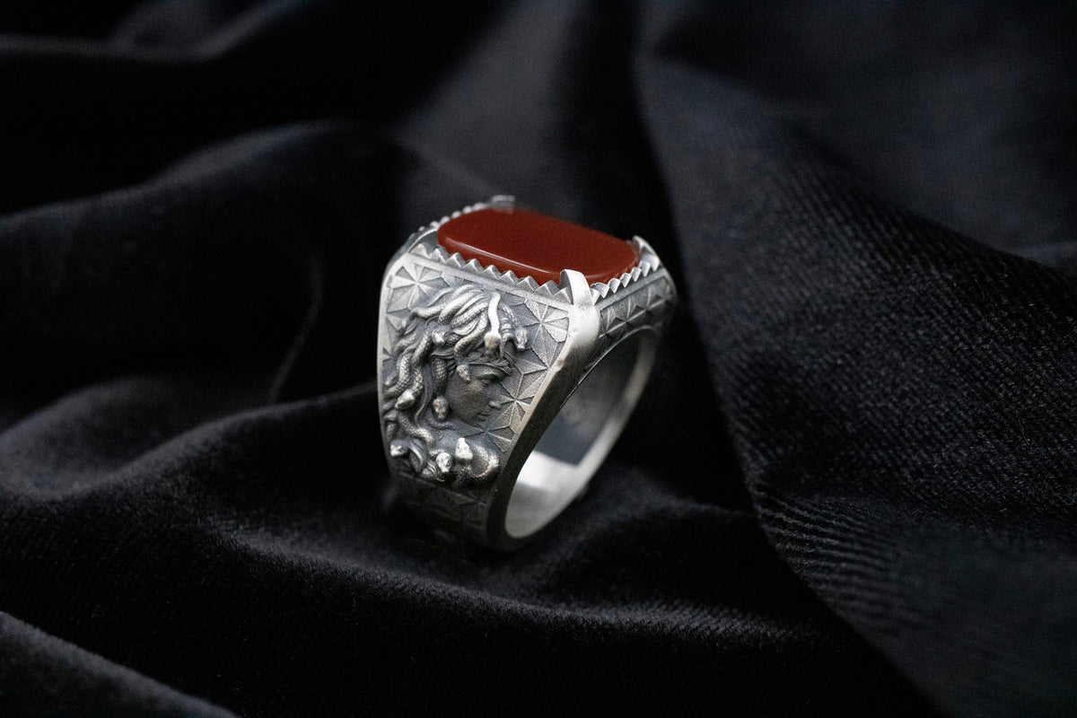 Handmade Medusa Head Sterling Silver Ring, Tigers Eye Signet