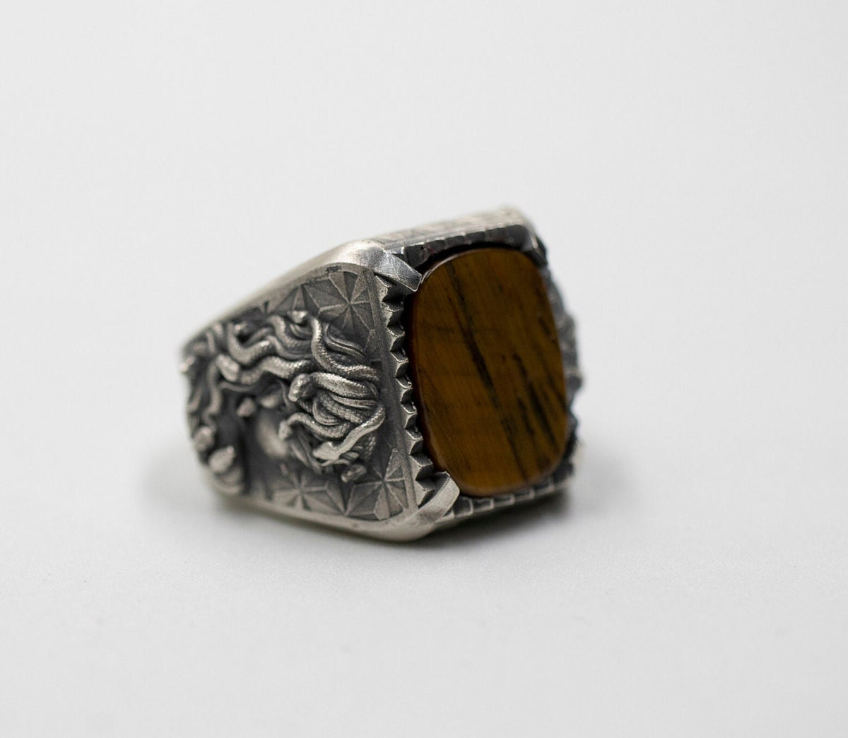 Handmade Medusa Head Sterling Silver Ring, Tigers Eye Signet