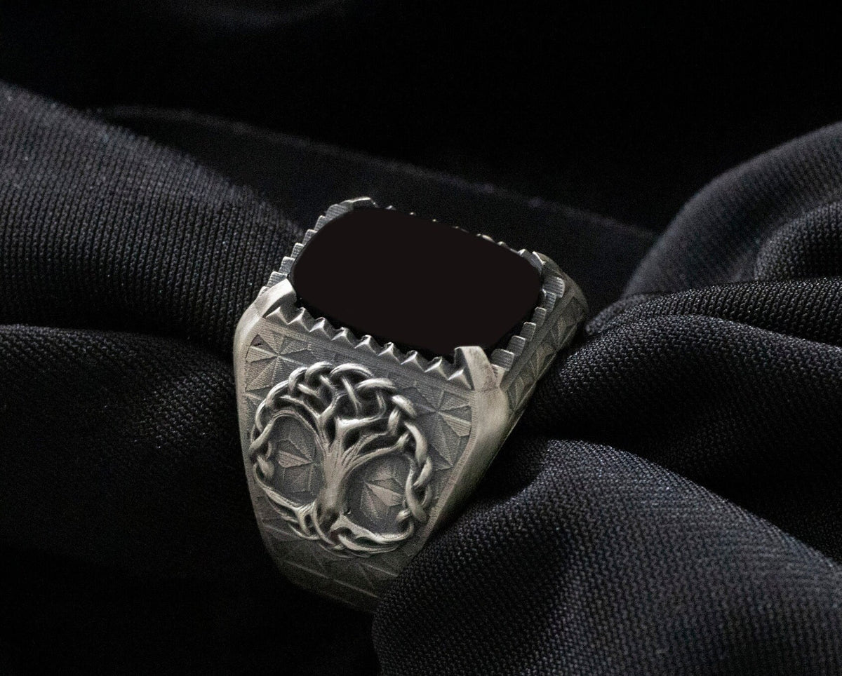 Sterling Silver Yggdrasil Tree of Life Ring, Black Onyx Gemstone