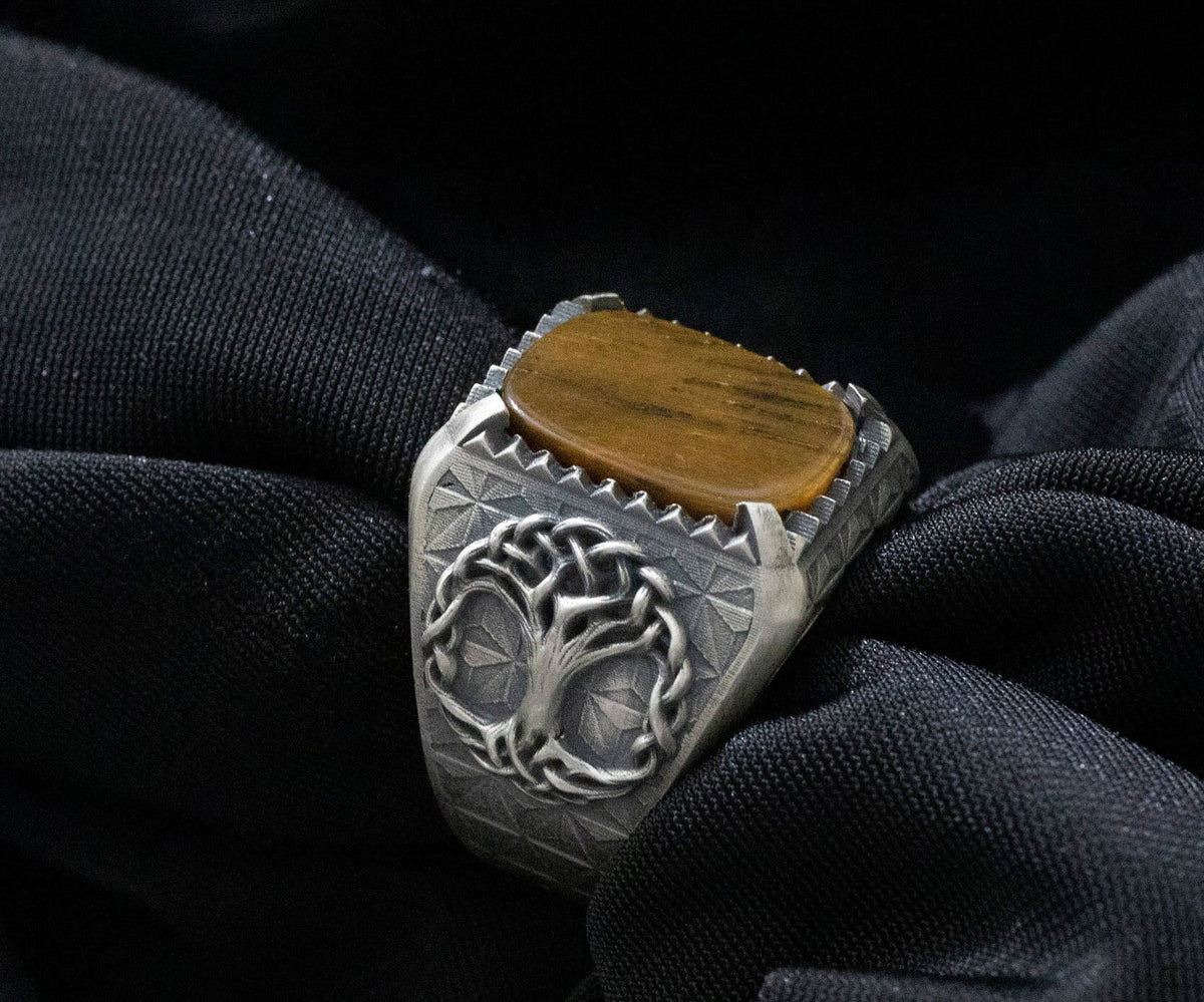 Sterling Silver Yggdrasil Tree of Life Ring, Black Onyx Gemstone