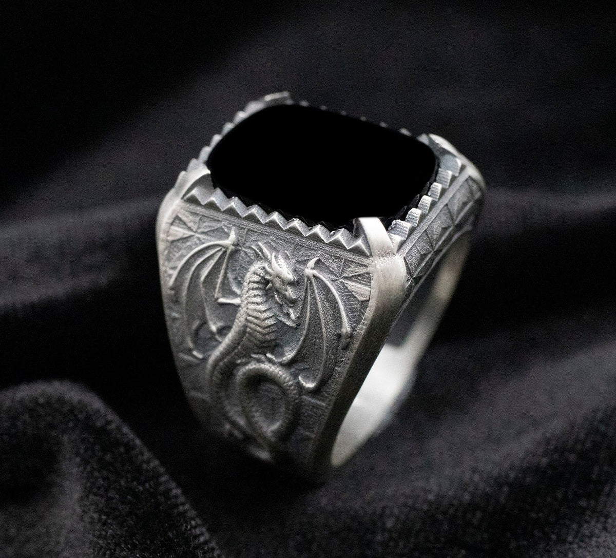 Handmade Sterling Silver Dragon Ring, Black Onyx Gemstone, Norse Mythology