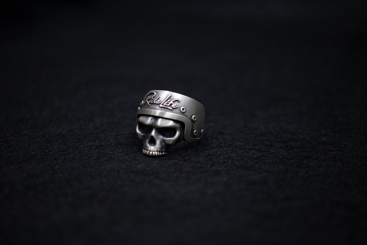 Handmade Sterling Silver Biker Skull Ring, Oxidized Gothic Jewelry