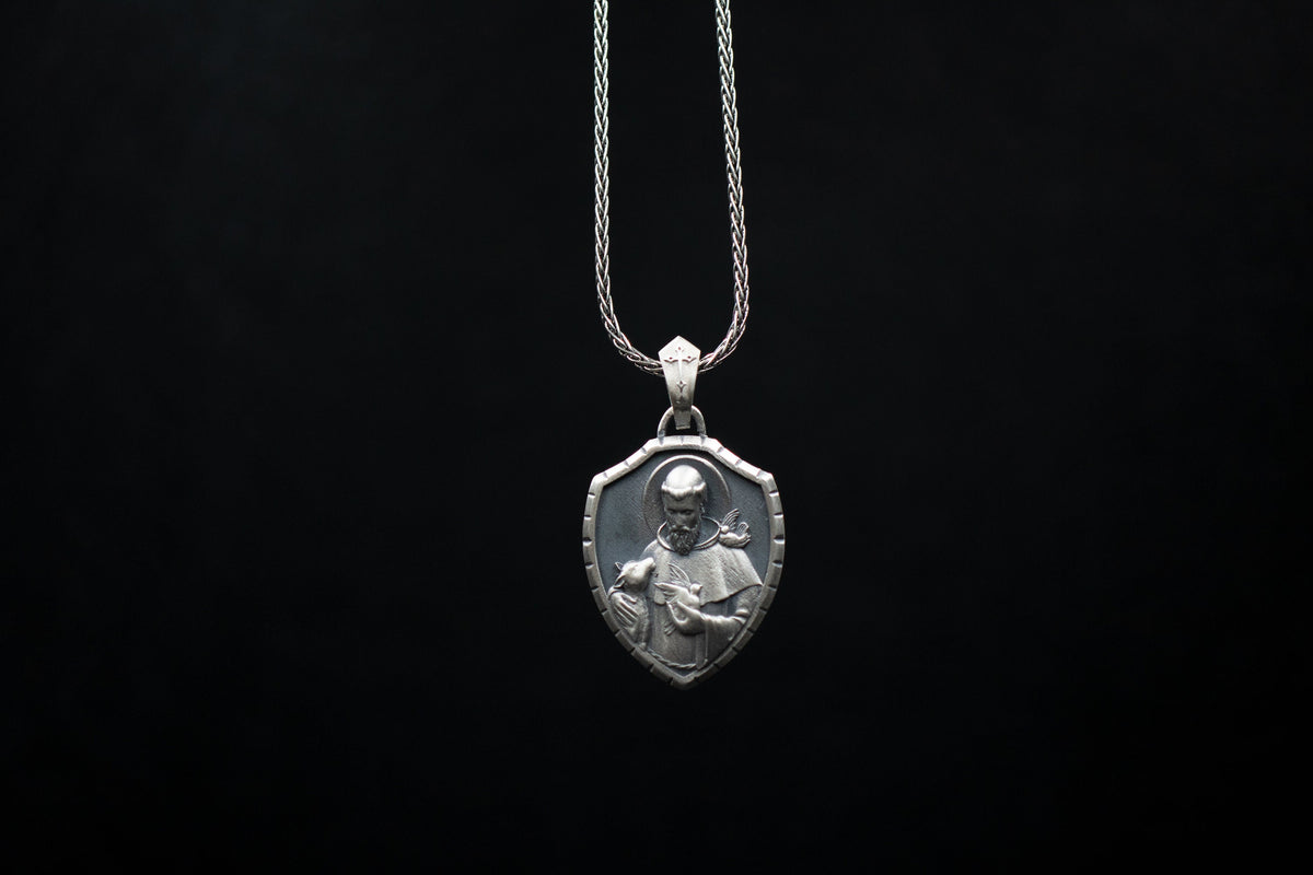 Sterling Silver St. Francis Shield Pendant – Patron Saint of Animals