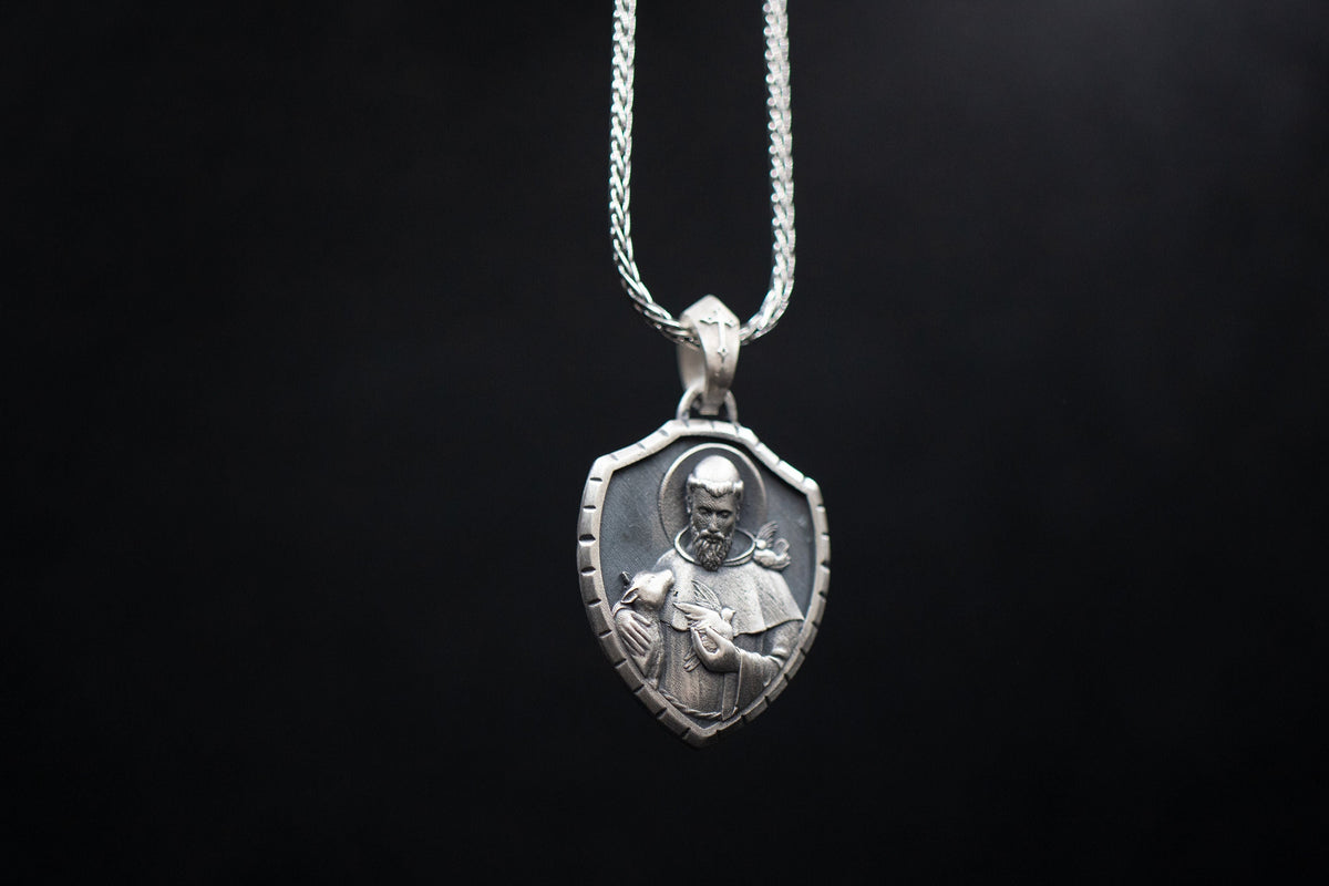 Sterling Silver St. Francis Shield Pendant – Patron Saint of Animals