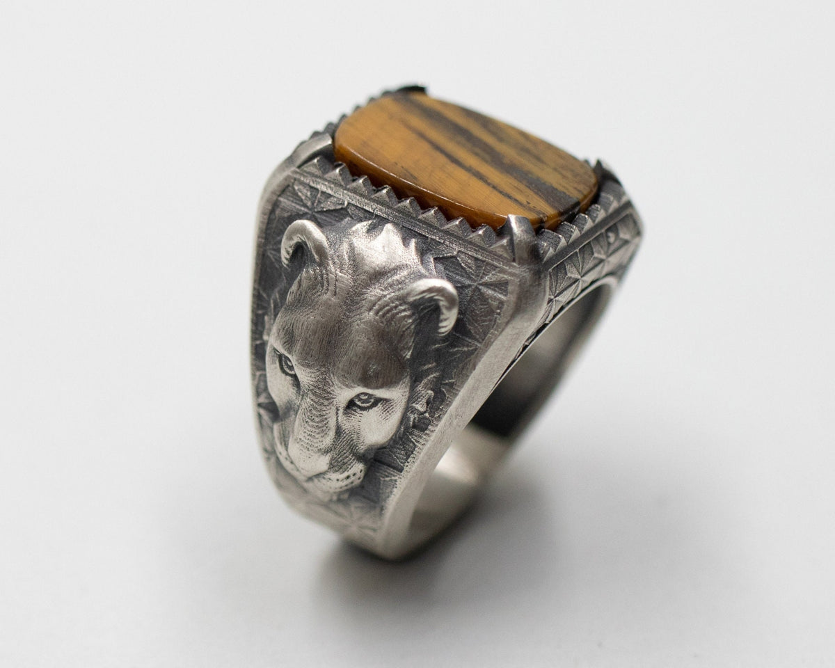 Handmade Sterling Silver Lioness Ring, Tiger Eye, Onyx, Garnet