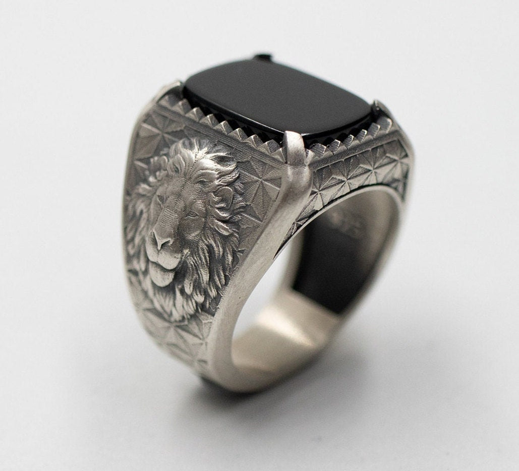 Oxidized Sterling Silver Lion Head Ring, Garnet Gemstone
