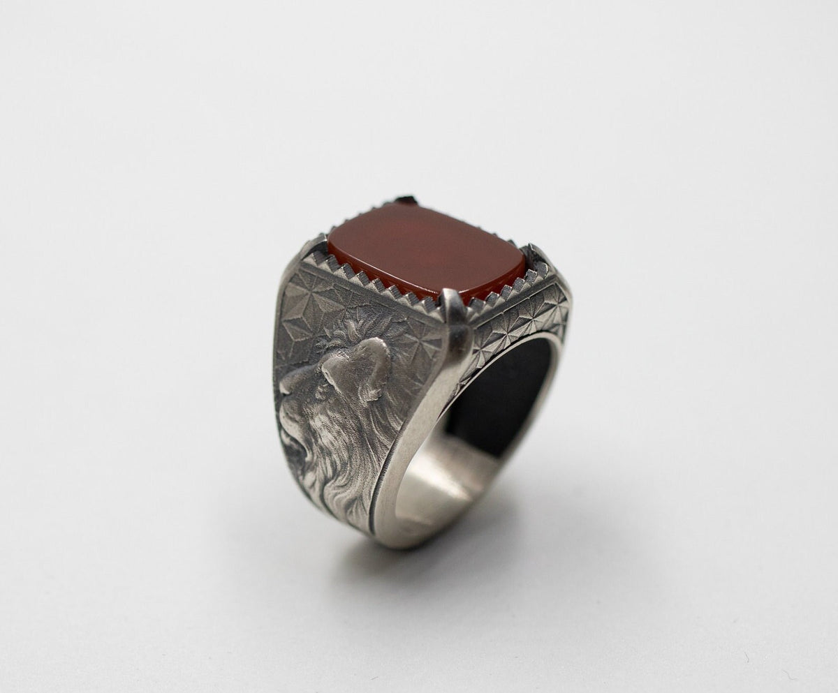 Oxidized Sterling Silver Lion Head Ring, Gothic Onyx Statement Ring