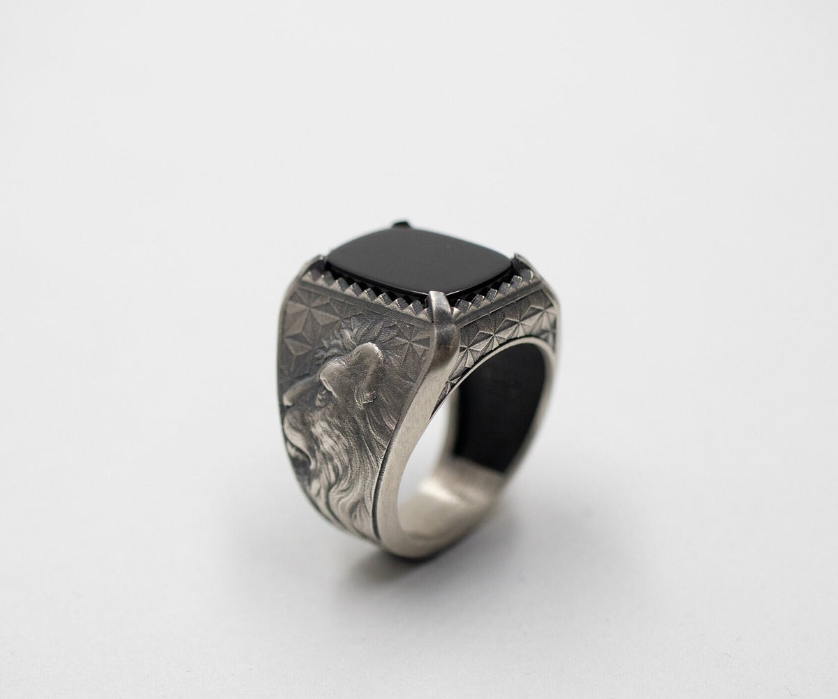 Oxidized Sterling Silver Lion Head Ring, Gothic Onyx Statement Ring