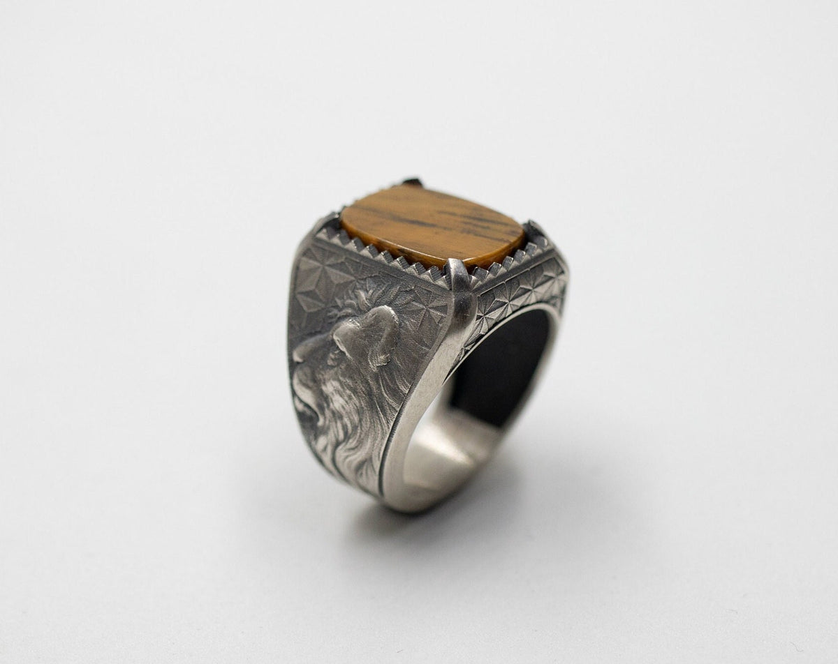 Oxidized Sterling Silver Lion Head Ring, Gothic Onyx Statement Ring