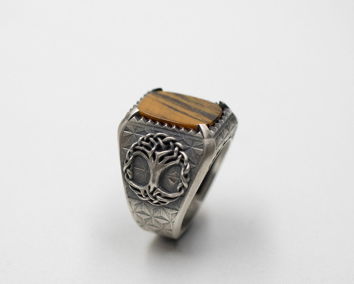 Sterling Silver Yggdrasil Tree of Life Ring, Black Onyx Gemstone