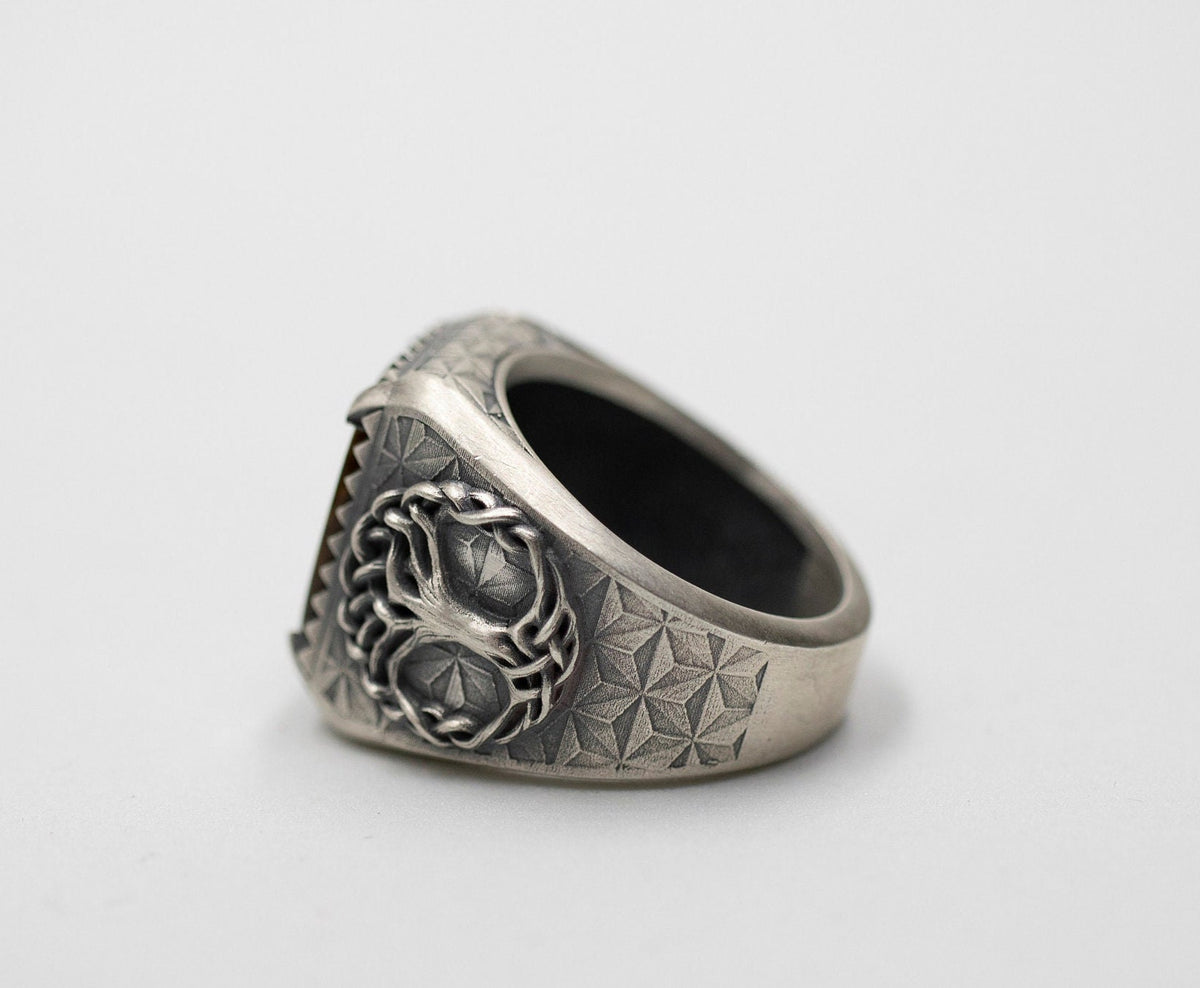Sterling Silver Yggdrasil Tree of Life Ring, Black Onyx Gemstone