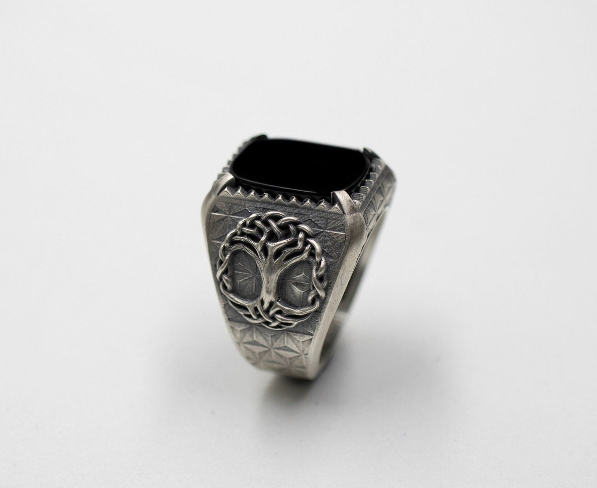 Sterling Silver Yggdrasil Tree of Life Ring, Black Onyx Gemstone