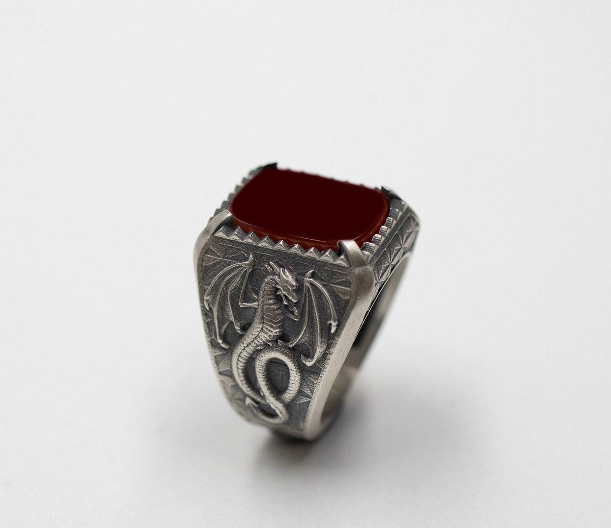 Handmade Sterling Silver Dragon Ring, Black Onyx Gemstone, Norse Mythology