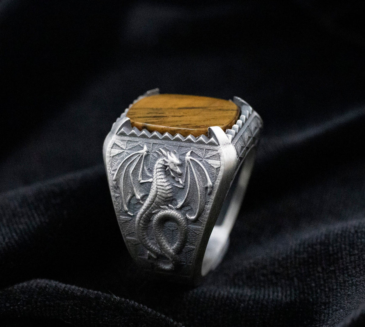 Handmade Sterling Silver Dragon Ring, Black Onyx Gemstone, Norse Mythology