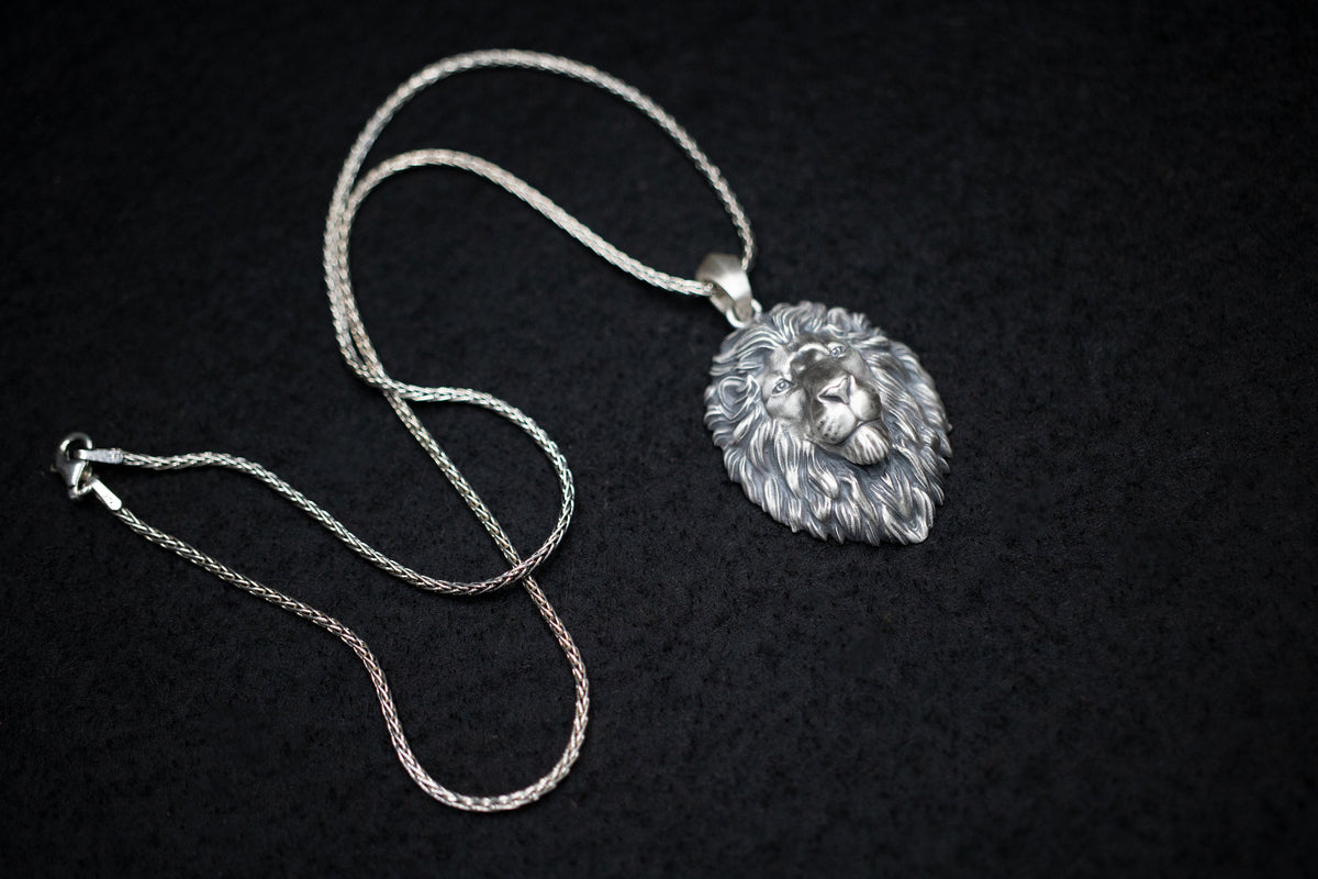 Sterling Silver Lion Necklace, Lion Head Pendant for Men