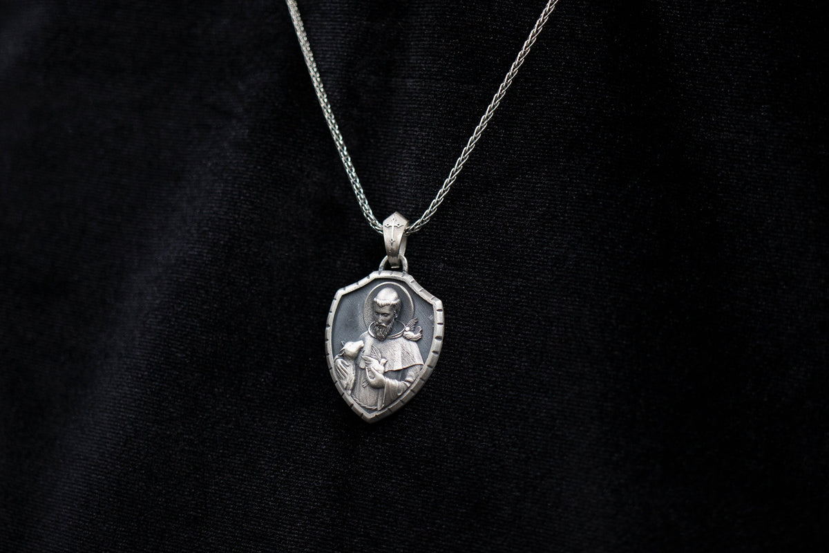 Sterling Silver St. Francis Shield Pendant – Patron Saint of Animals
