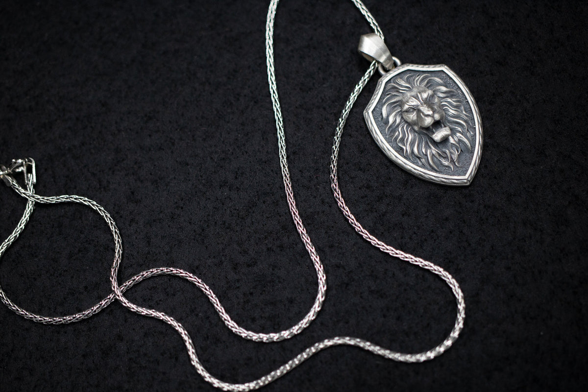 Sterling Silver Roaring Lion Shield Pendant, Courage Necklace
