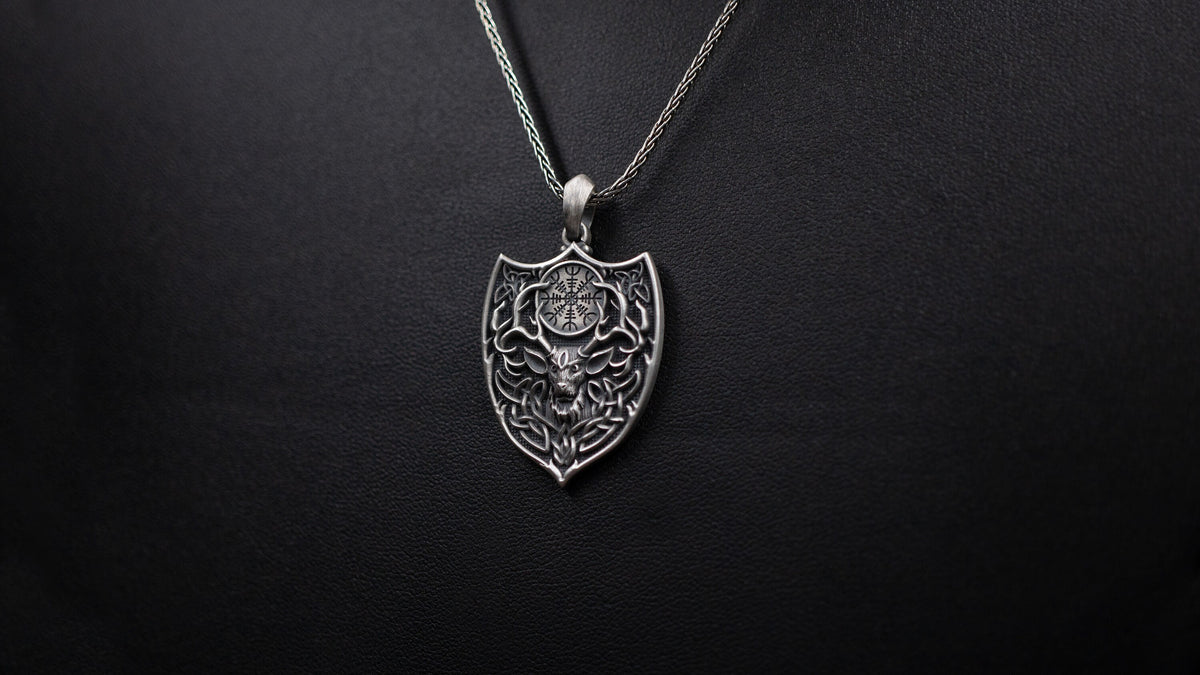 Handmade Sterling Silver Vegvisir Deer Pendant, Gothic Antler Necklace