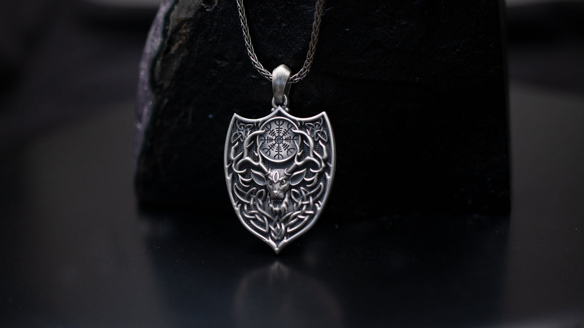 Handmade Sterling Silver Vegvisir Deer Pendant, Gothic Antler Necklace