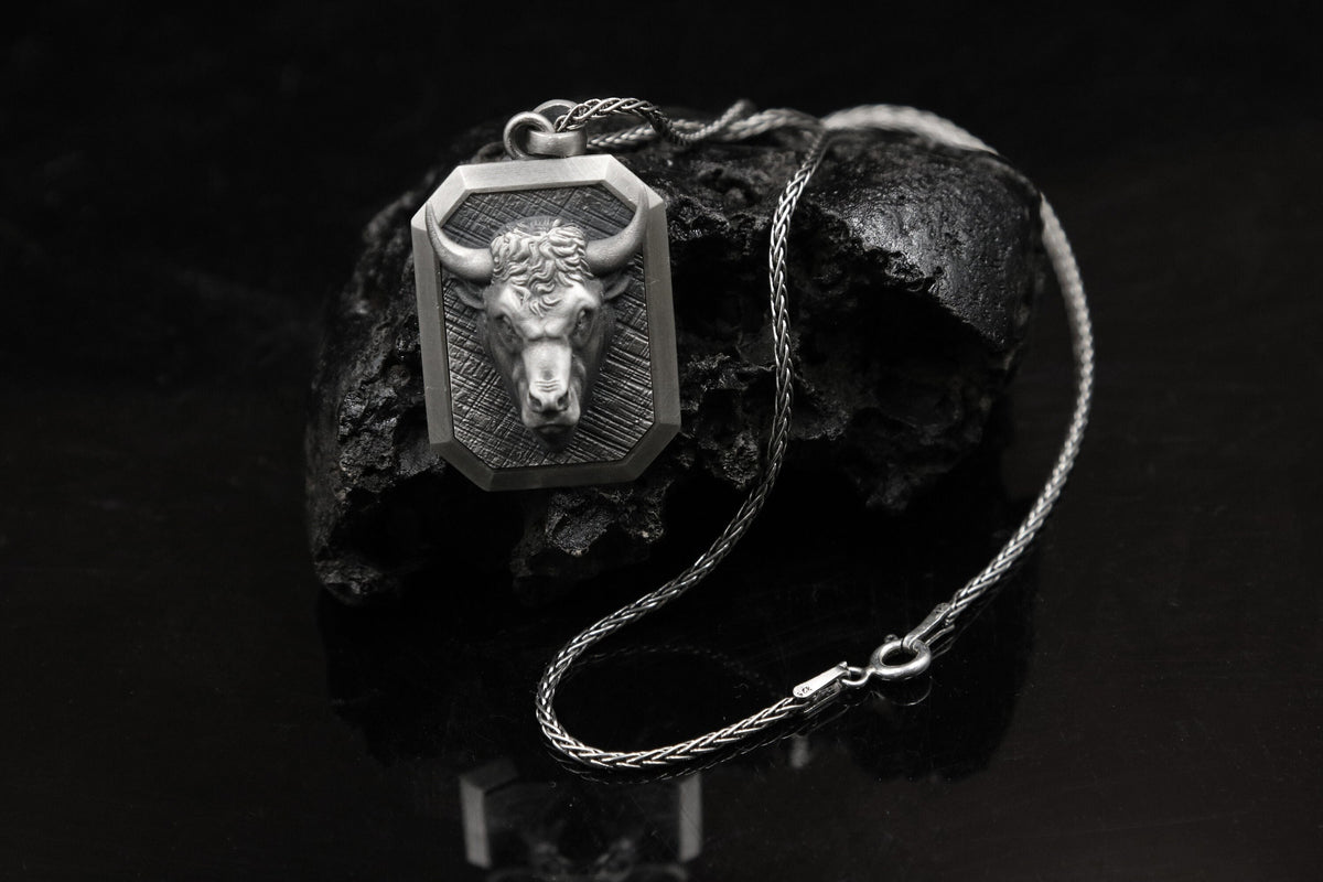Sterling Silver Bull Head Pendant Necklace, Engravable Taurus Jewelry