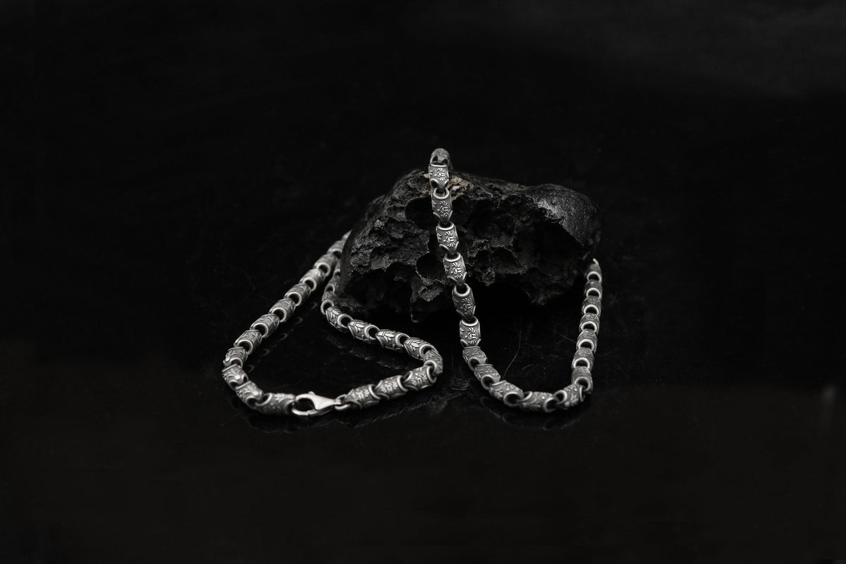 Ankh & Scarab Engraved Sterling Silver Byzantine Chain Necklace
