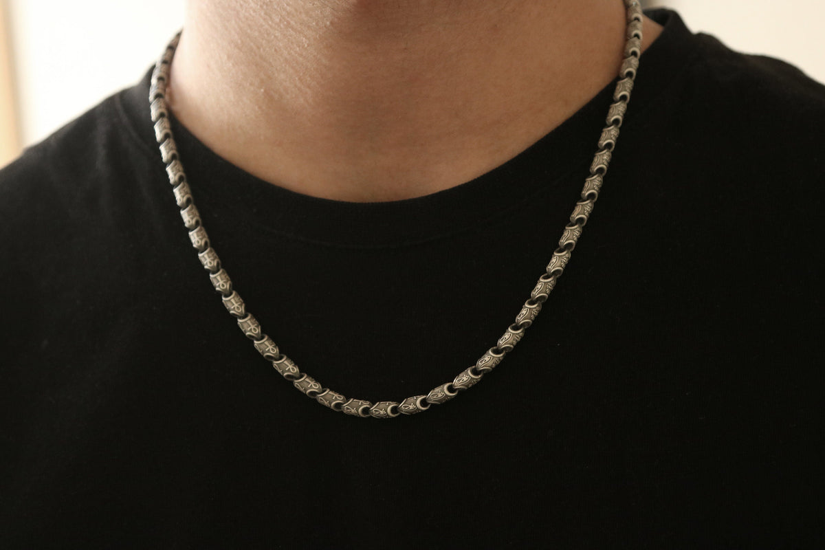 Ankh & Scarab Engraved Sterling Silver Byzantine Chain Necklace