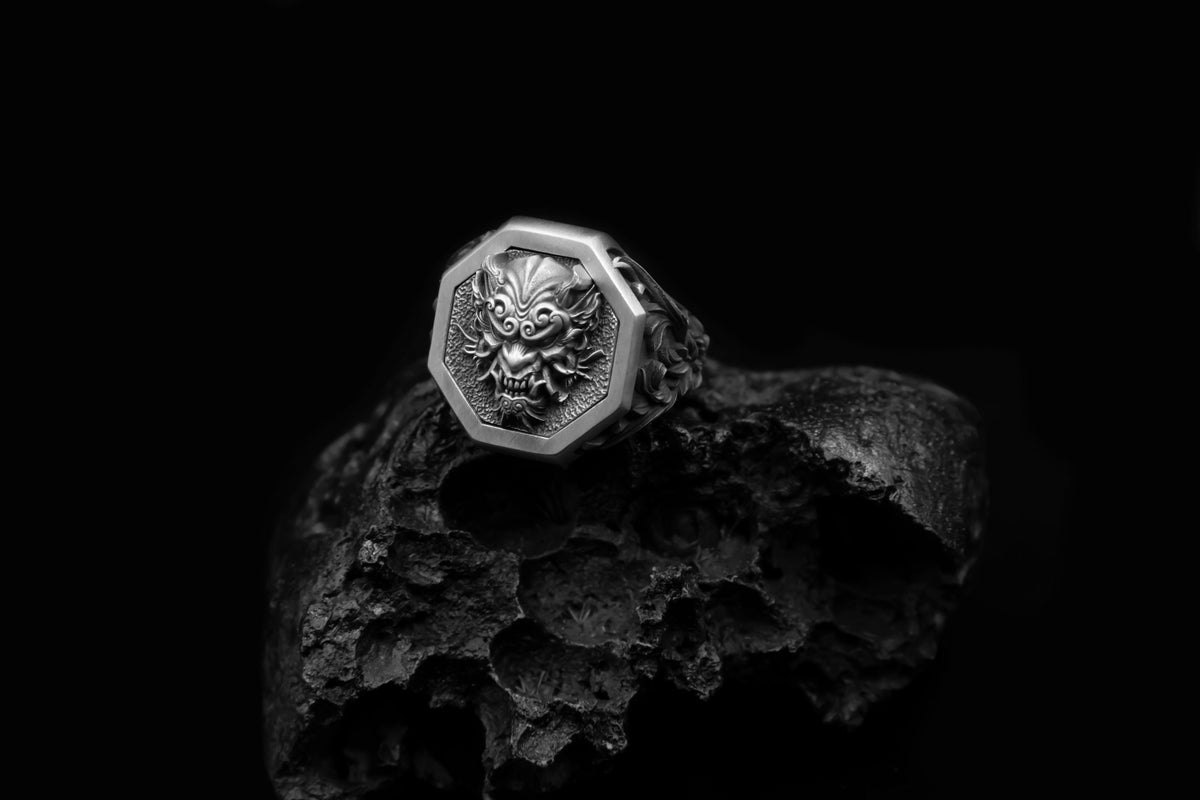 Sterling Silver Oni Mask Ring, Japanese Biker Hannya Ghost Jewelry