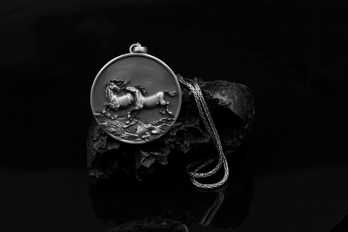 Sterling Silver Running Horse Pendant – Equestrian Medallion Necklace