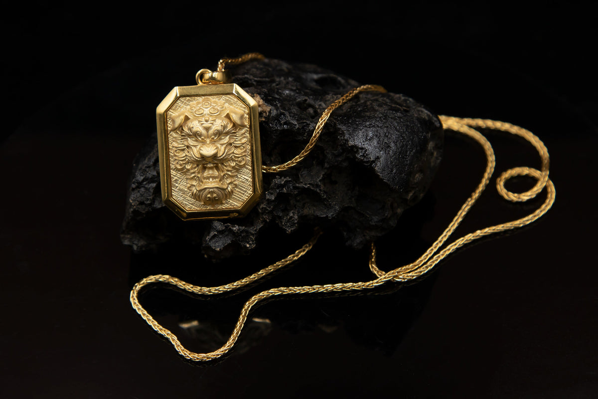 18K Gold Chinese Foo Dog Pendant, Eastern Lion Necklace