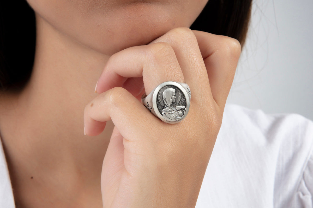 Sterling Silver Saint Mary Signet Ring – Religious Catholic Jewelry