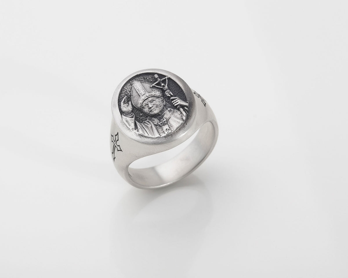 St. John Paul II Sterling Silver Signet Ring - Catholic Jewelry