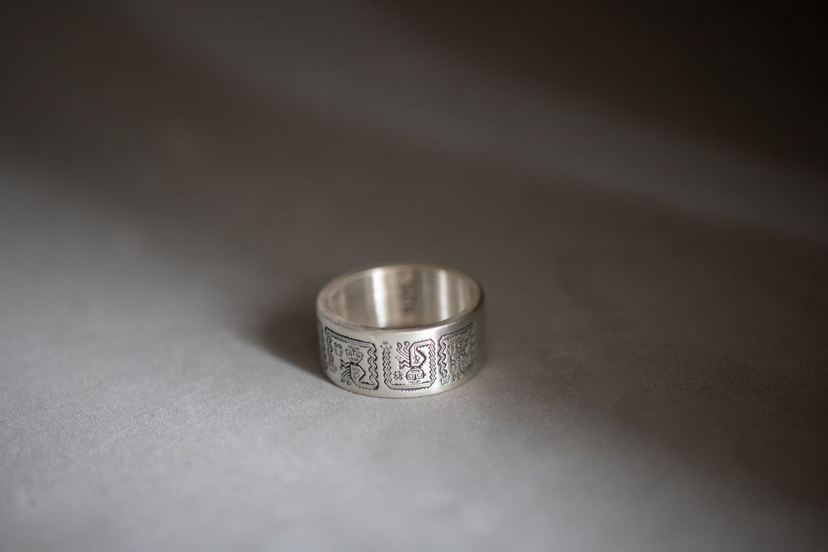 Handmade Sterling Silver Aztec Ring, Engraved Mayan Wedding Band