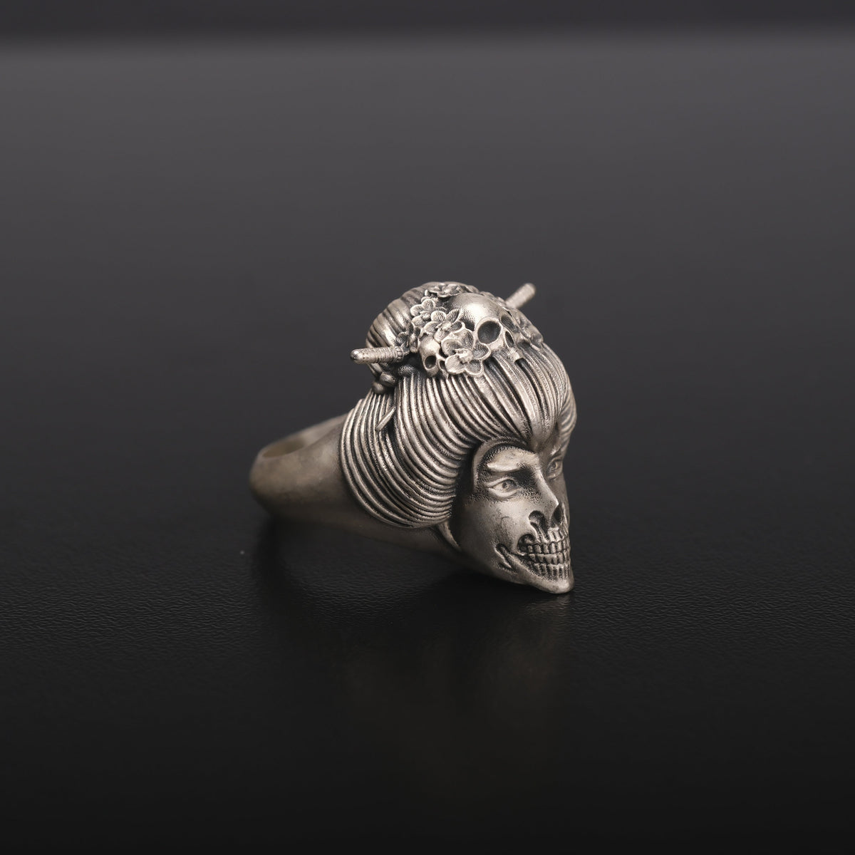 Sterling Silver Geisha Skull Ring, Japanese Art Jewelry