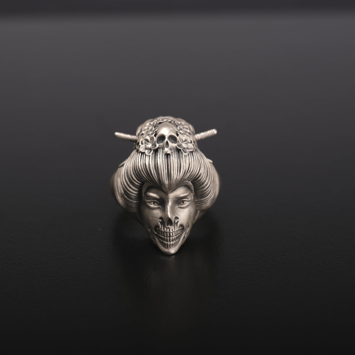 Sterling Silver Geisha Skull Ring, Japanese Art Jewelry