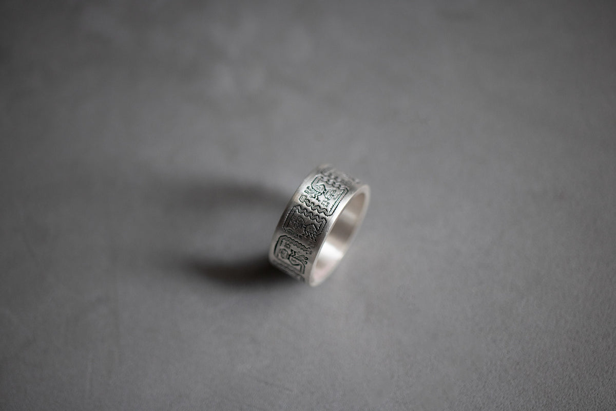 Handmade Sterling Silver Aztec Ring, Engraved Mayan Wedding Band