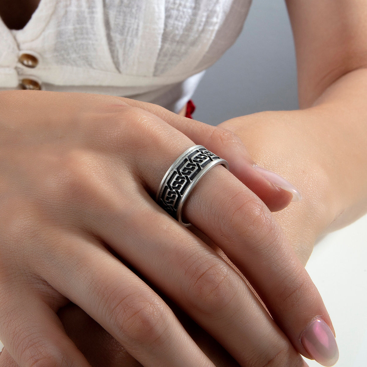 Handmade Sterling Silver Knitted Band Ring, Ancient Motifs