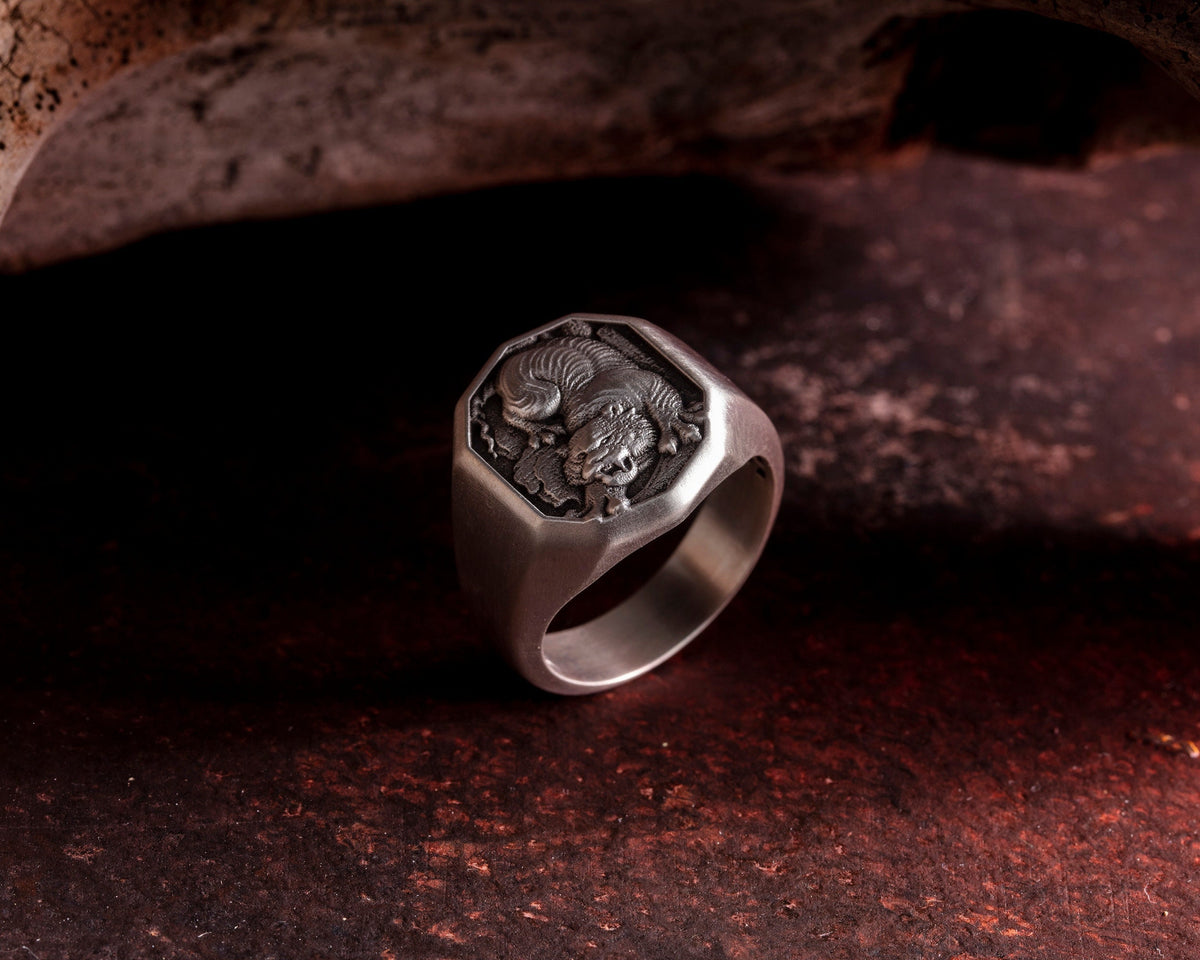 Sterling Silver Decagonal Tiger Ring – Engravable Statement Band