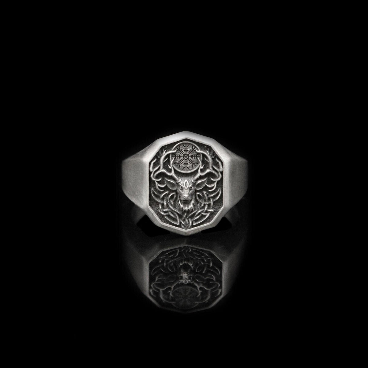 Sterling Silver Deer Vegvisir Ring – Celtic Norse Band, Engravable