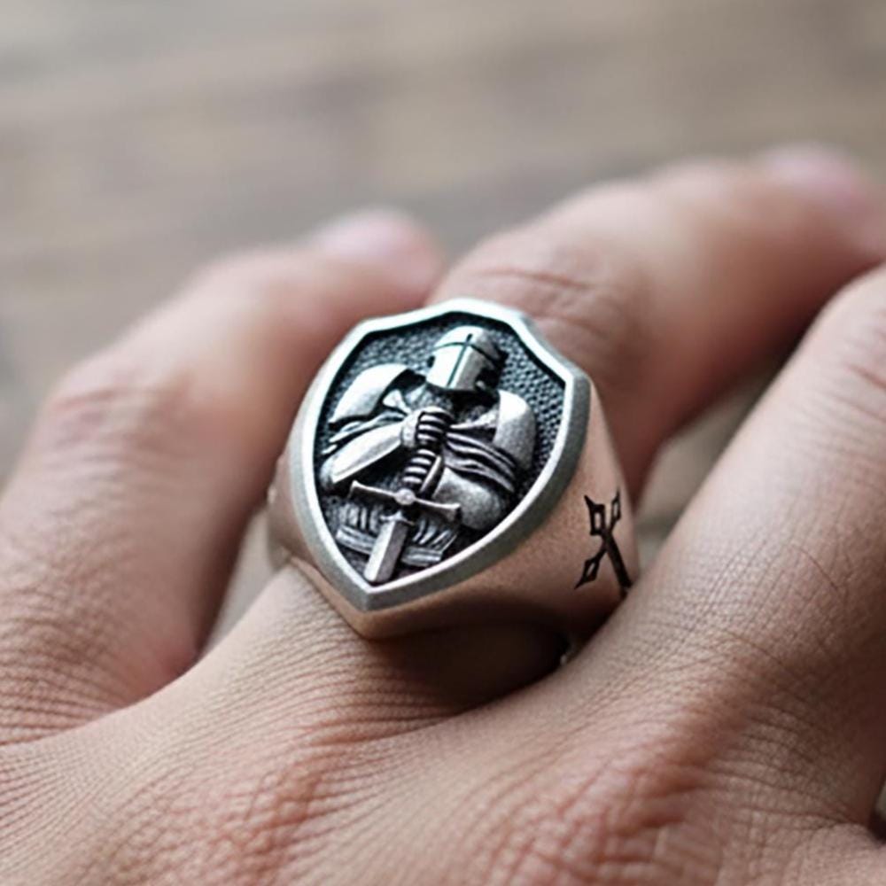 Sterling Silver Medieval Knight Ring – Templar Warrior Shield