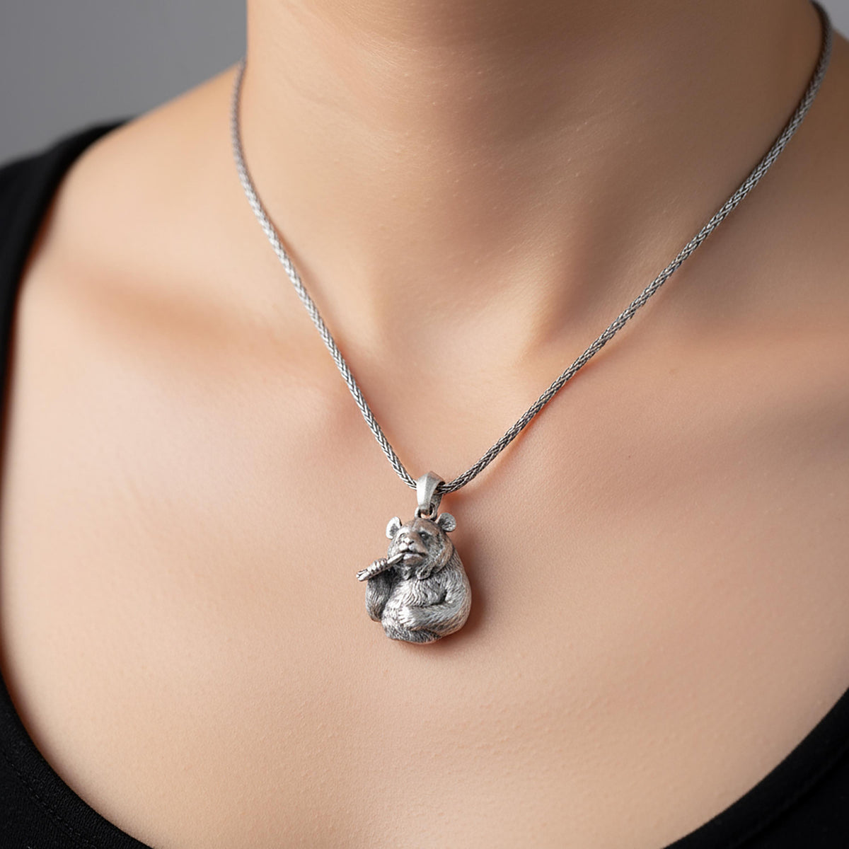 Handmade Sterling Silver Panda Necklace, Bamboo Eater Pendant, Animal Jewelry