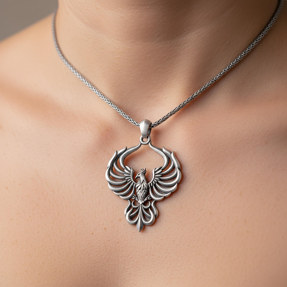 Handmade Sterling Silver Phoenix Pendant Necklace, Mythical Bird Jewelry