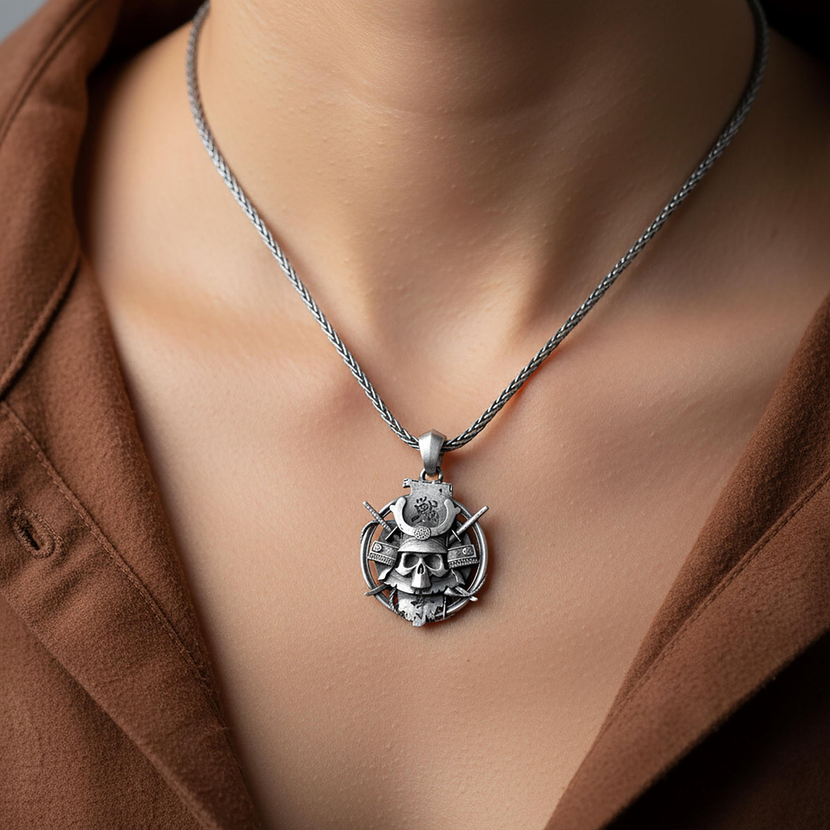 Sterling Silver Oni Mask Pendant – Dragon Samurai Amulet Necklace