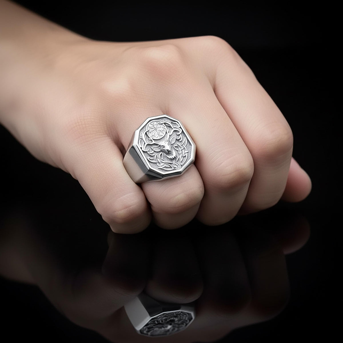 Sterling Silver Deer Vegvisir Ring – Celtic Norse Band, Engravable